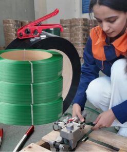 Dây đai đóng hàng PET. Hàng Phổ thông. Bản rộng: 19 mm. Độ dày: 1 mm. Định lượng: 20kg/cuộn. Màu đen