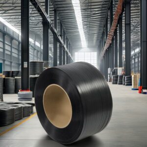 Dây đai đóng hàng PET. Hàng Phổ thông. Bản rộng: 16 mm. Độ dày: 0.9 mm. Định lượng: 20kg/cuộn. Màu đen