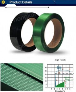 Dây đai nhựa PET. Hàng Phổ thông. Bản rộng: 19 mm. Độ dày: 0.9 mm. Định lượng: 20kg/cuộn. Màu đen