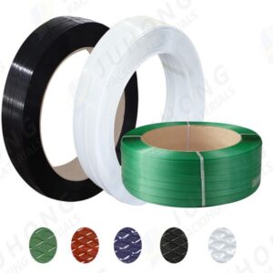 Dây đai đóng hàng PET. Hàng Phổ thông. Bản rộng: 19 mm. Độ dày: 1 mm. Định lượng: 20kg/cuộn. Màu đen