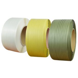 Đai đóng hàng PP. Hàng phổ thông. Bản rộng: 9 mm. Độ dày: 0.6 mm. Định lượng: 10kg/cuộn. Màu trắng